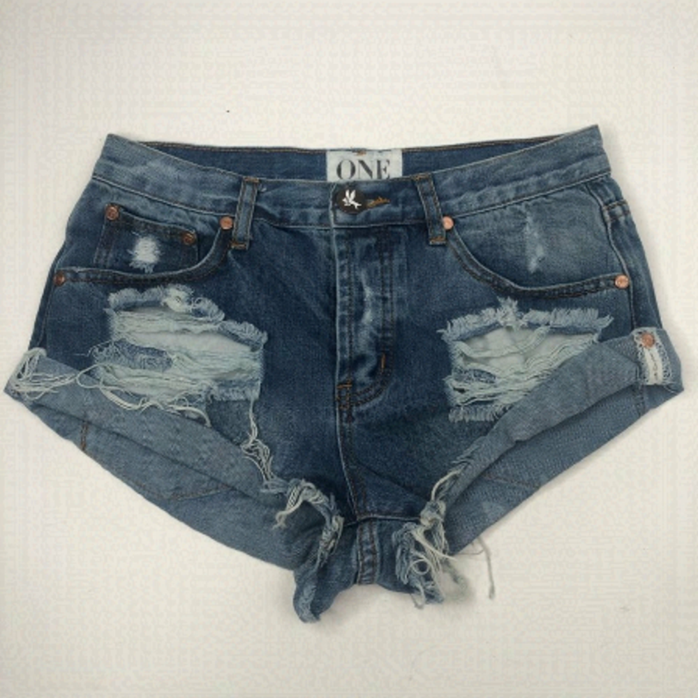 ONE TEASPOON Bandits Distressed Blue Cuffed Button Fly Jean High Waisted Shorts